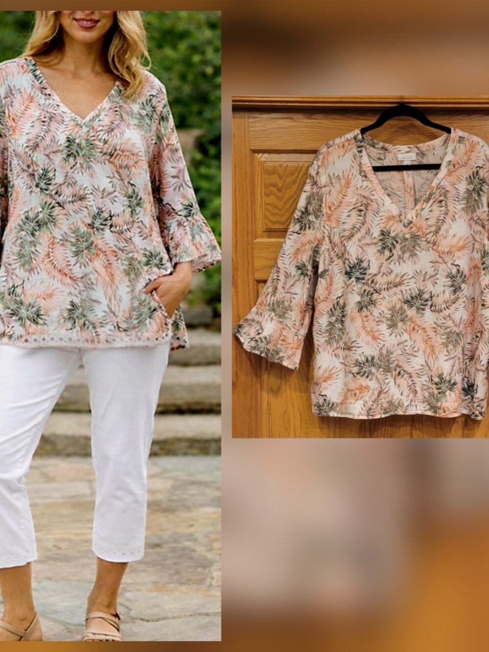 J. Jill Love Linen Flowy V Neck Tunic with 3/4 Length Flutter Sleeves Sz XL